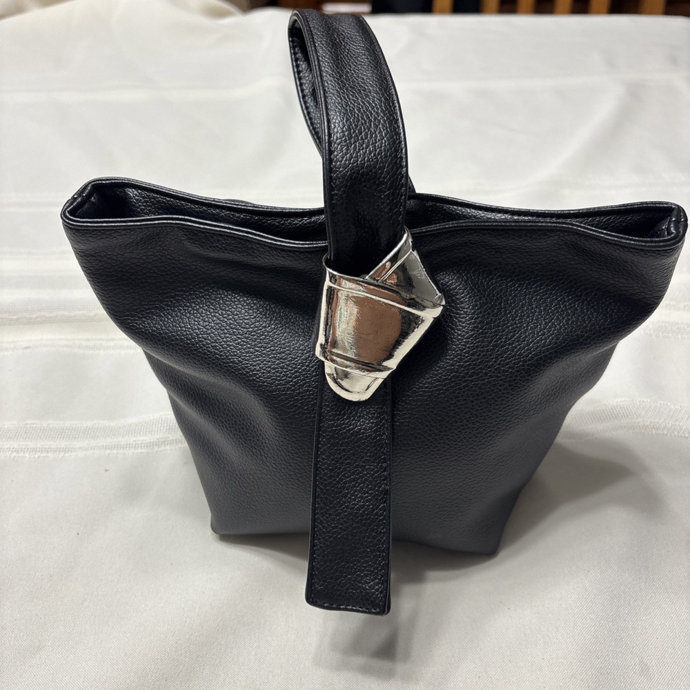 Brandon Maxwell Merit Black Leather Mini Bucket Bag Silver Accent Handbag